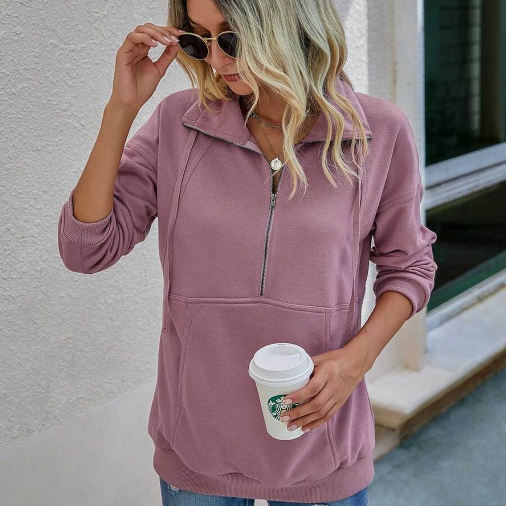 mauve zip up pockets comfy sweater sweatshirt - Picture 7 of 13